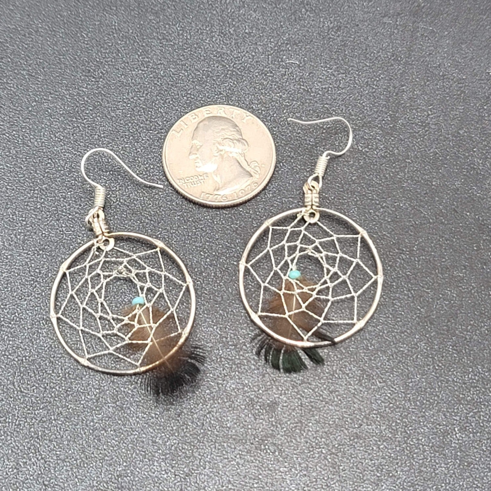 Vintage Pierced Earrings Silver tone Dreamcatcher Real Feather  1.5"
