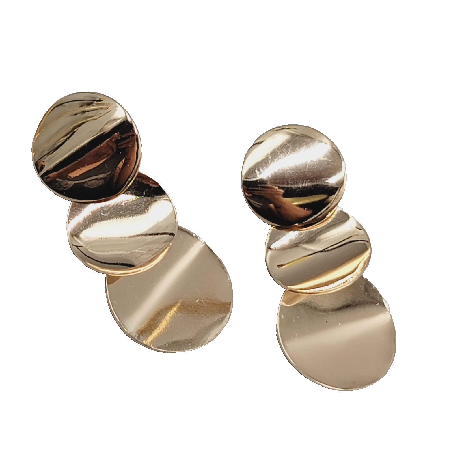 Polished Gold tone Pierced Earrings Triple Dangle Discs 2"