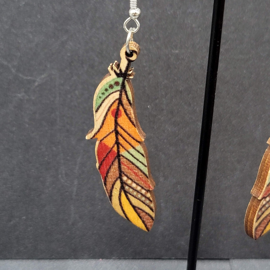 New Boho Pierced Earrings Wood Cut Feather Multicolor Dangle 2"