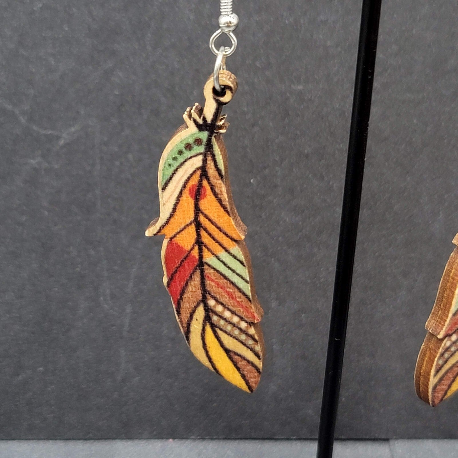 New Boho Pierced Earrings Wood Cut Feather Multicolor Dangle 2"