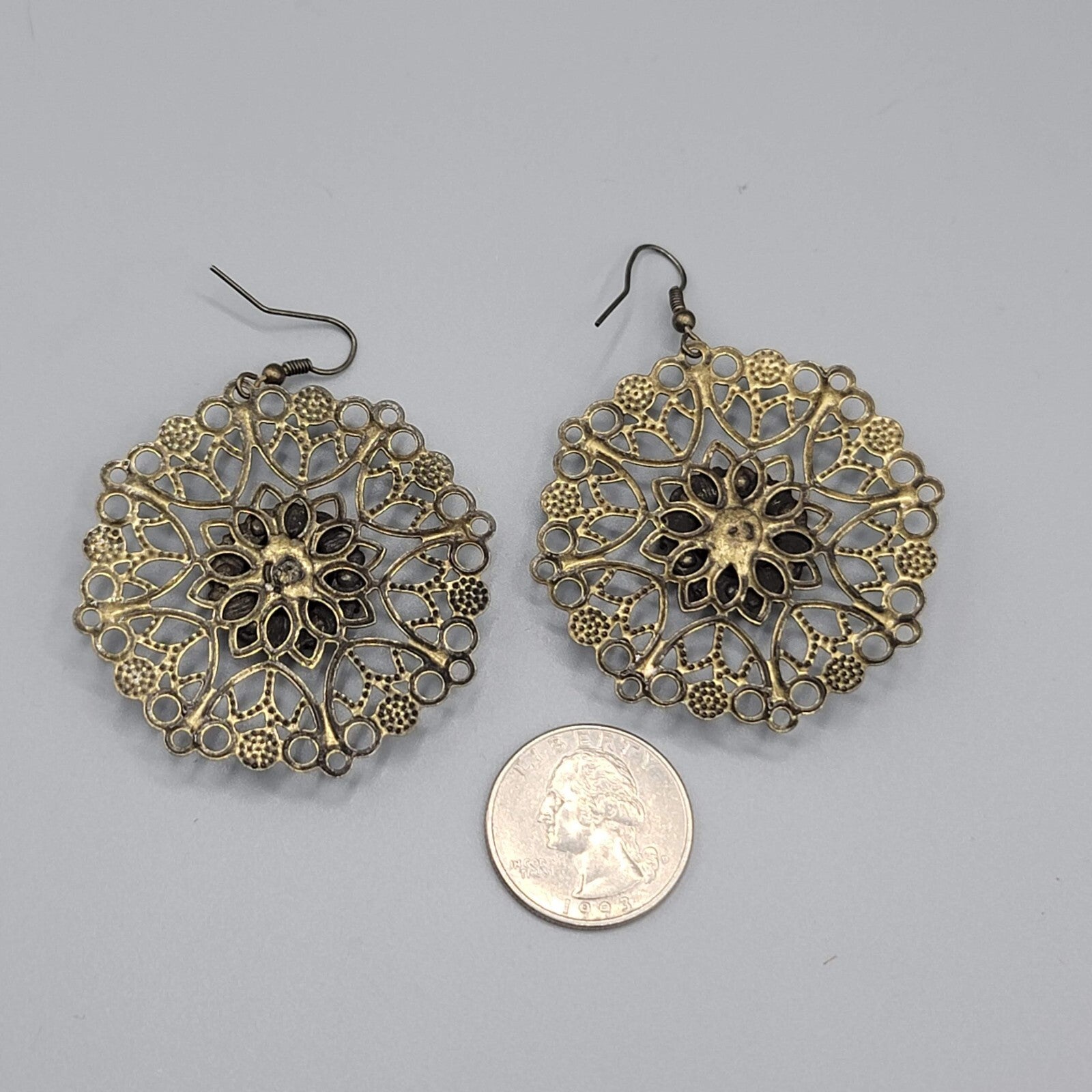 Pierced Earrings Bronze tone Large Metal Filigree Rhinestone Center Boho 1.75"