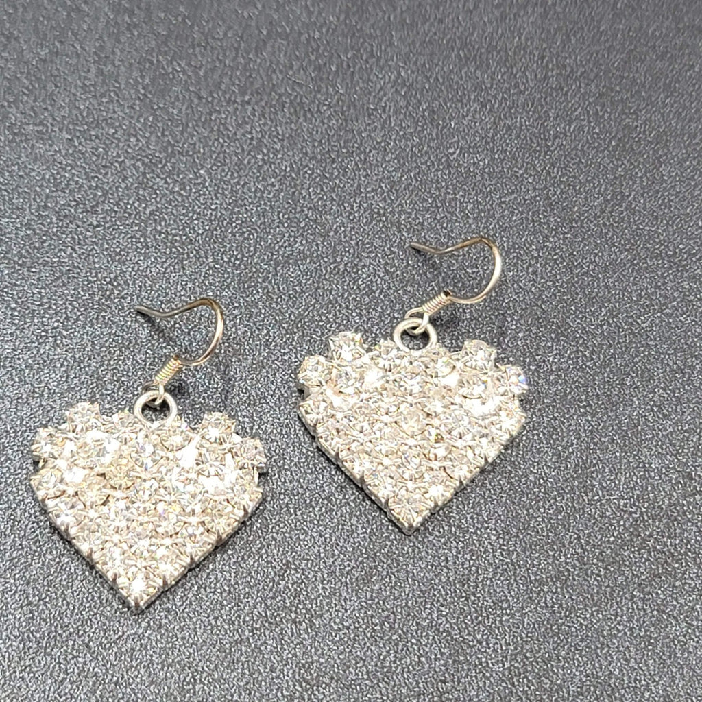 Vintage Pierced Earrings Silver tone Rhinestone Studded Dangle Heart 1"