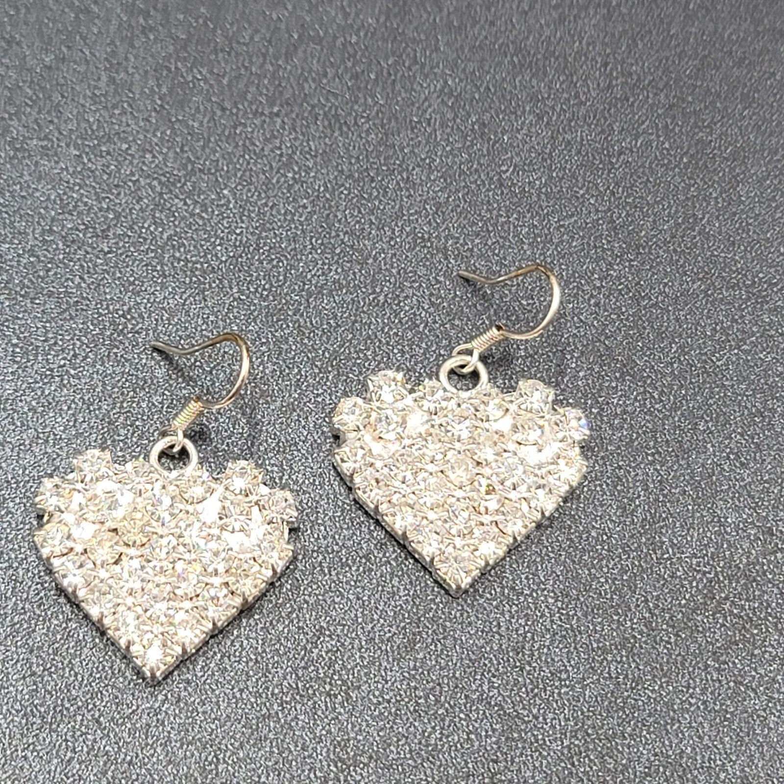 Vintage Pierced Earrings Silver tone Rhinestone Studded Dangle Heart 1"