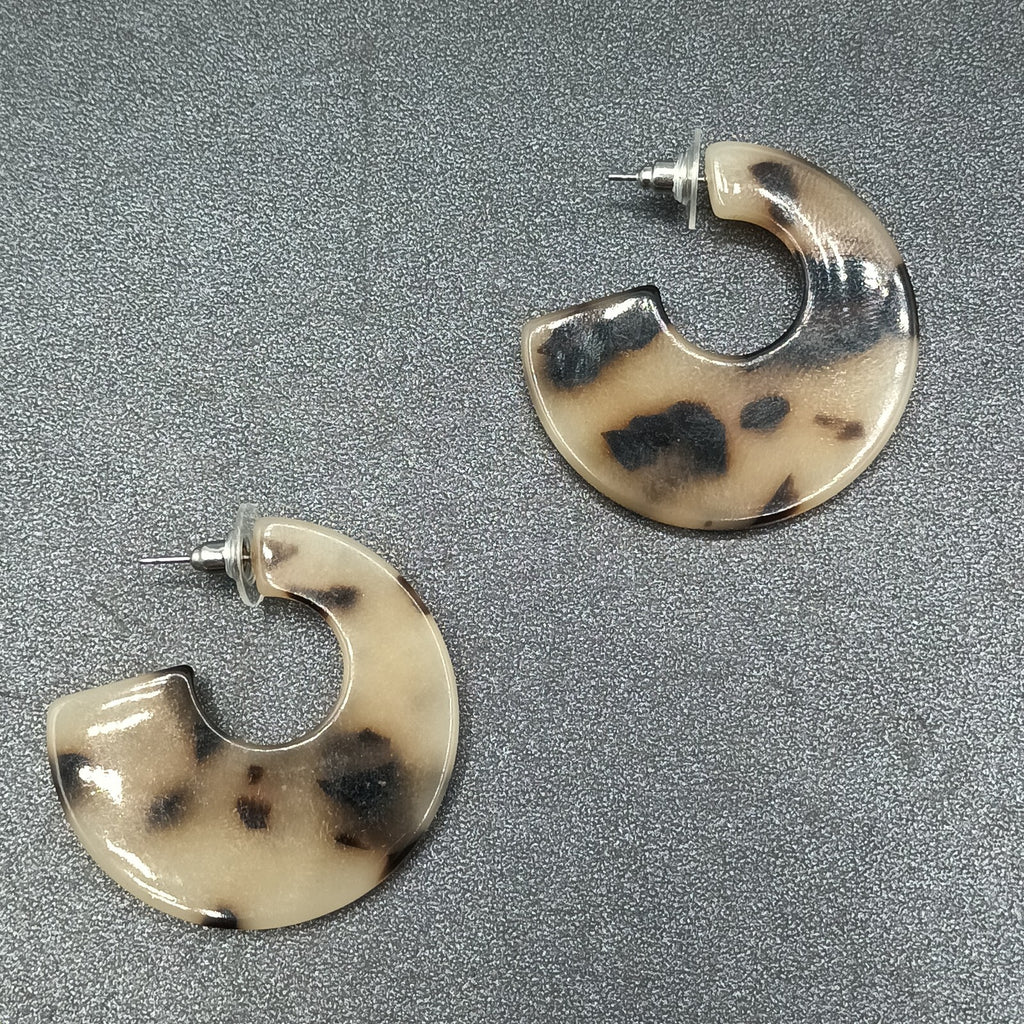 Pierced Earrings Brown Speckled Acrylic Wide Half Hoop Drop 1 5/8"
