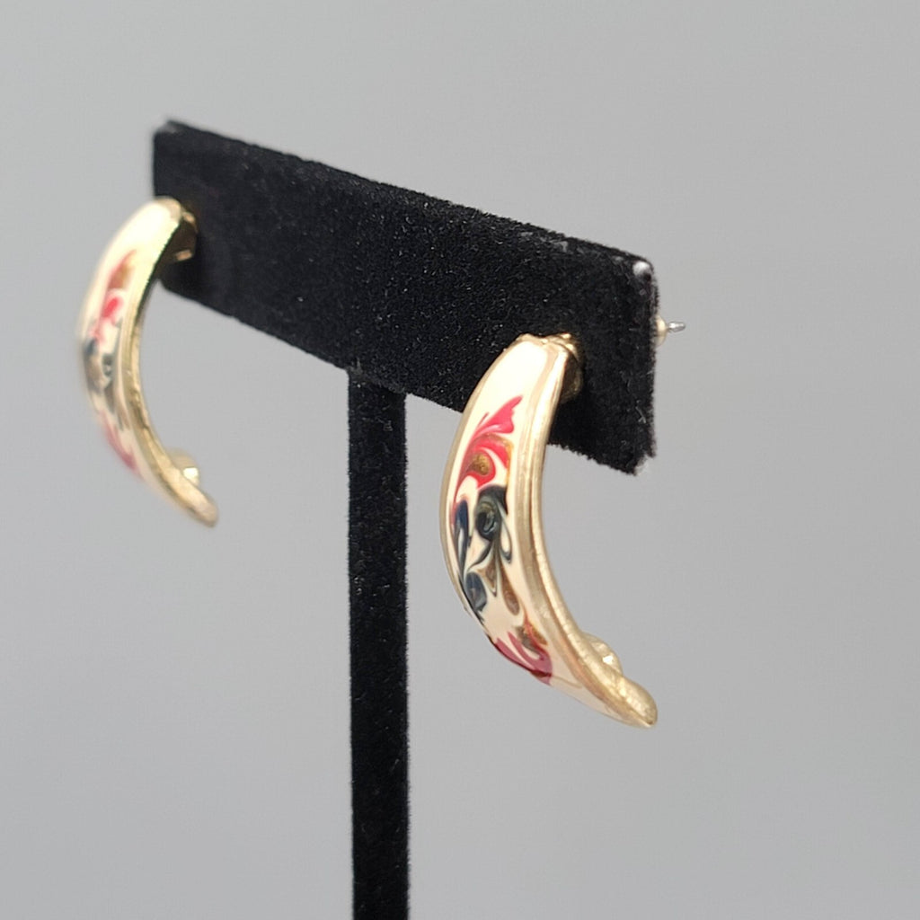 Vintage Pierced Earrings White Red Green Enamel Gold tone Drop 1"