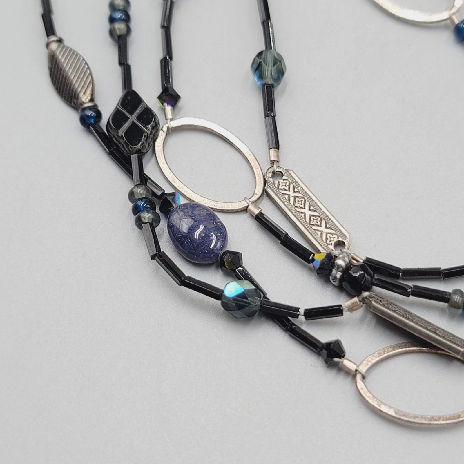 Black Glass Bead Necklace Silver tone LONG Hook Clasp 48"