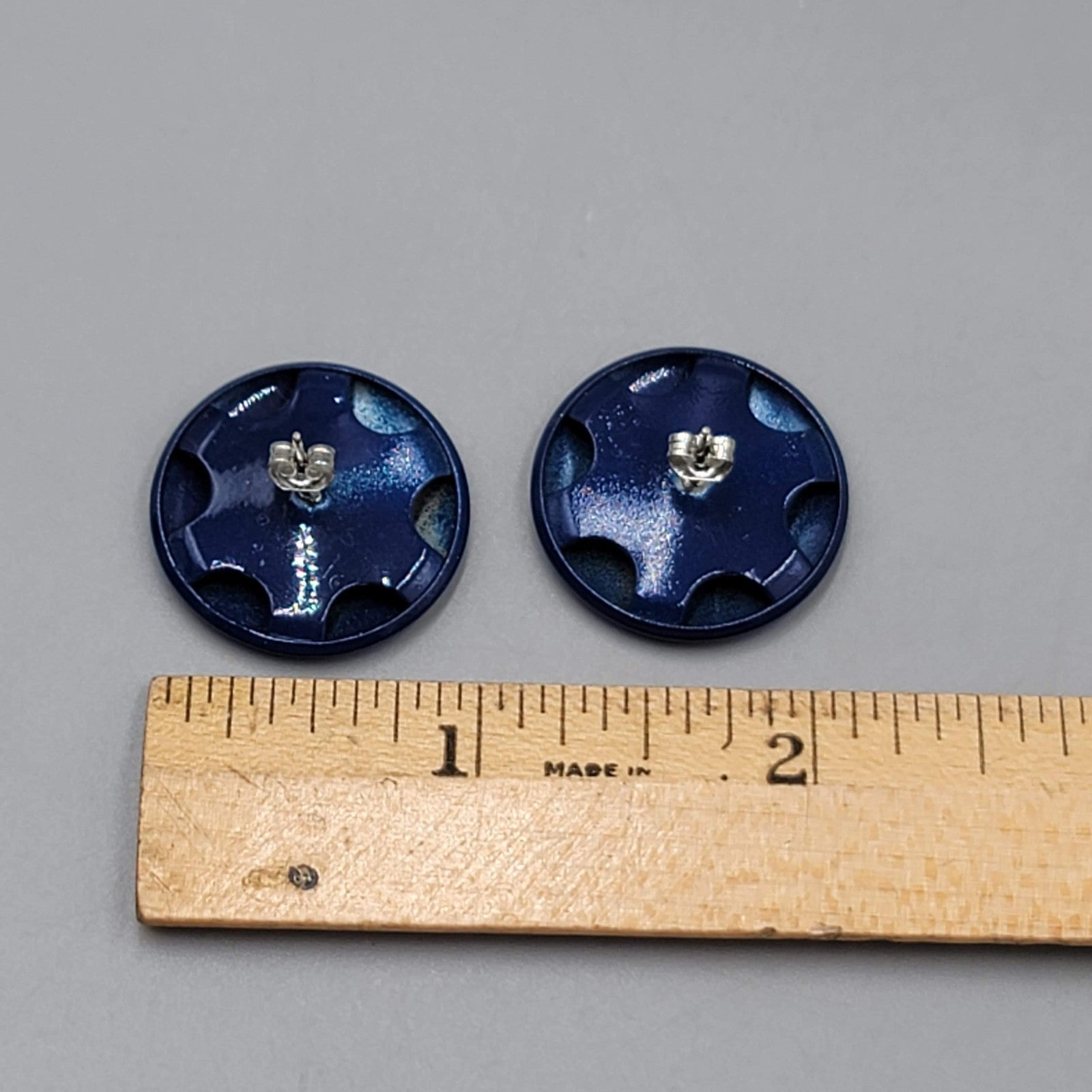 Vintage Navy Blue Enamel Pierced Earrings Round Disc 1"