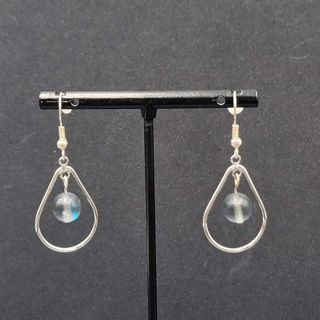 Pierced Earrings Silver tone Blue Gray Bead Teardrop Dangle 1 1/8"