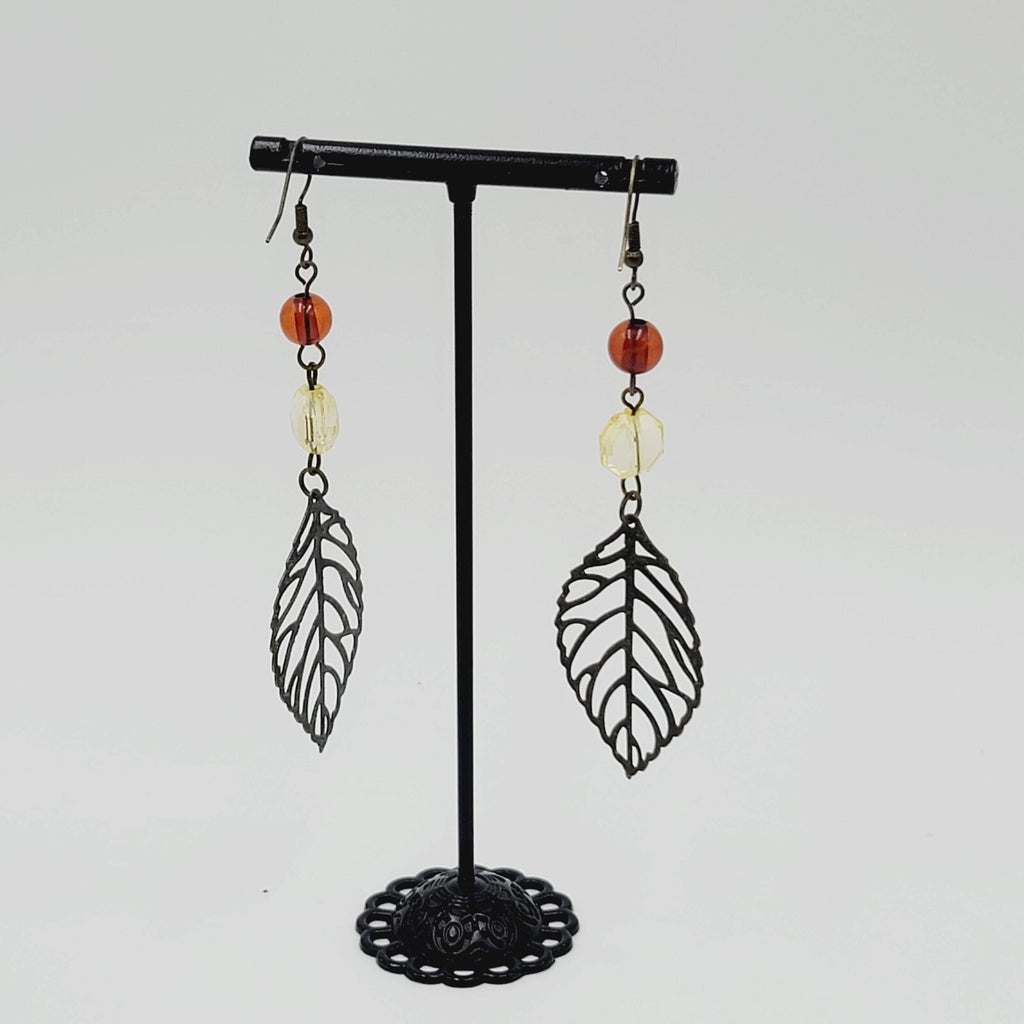 Long Pierced Earrings Beaded Open Work Leaf 3"