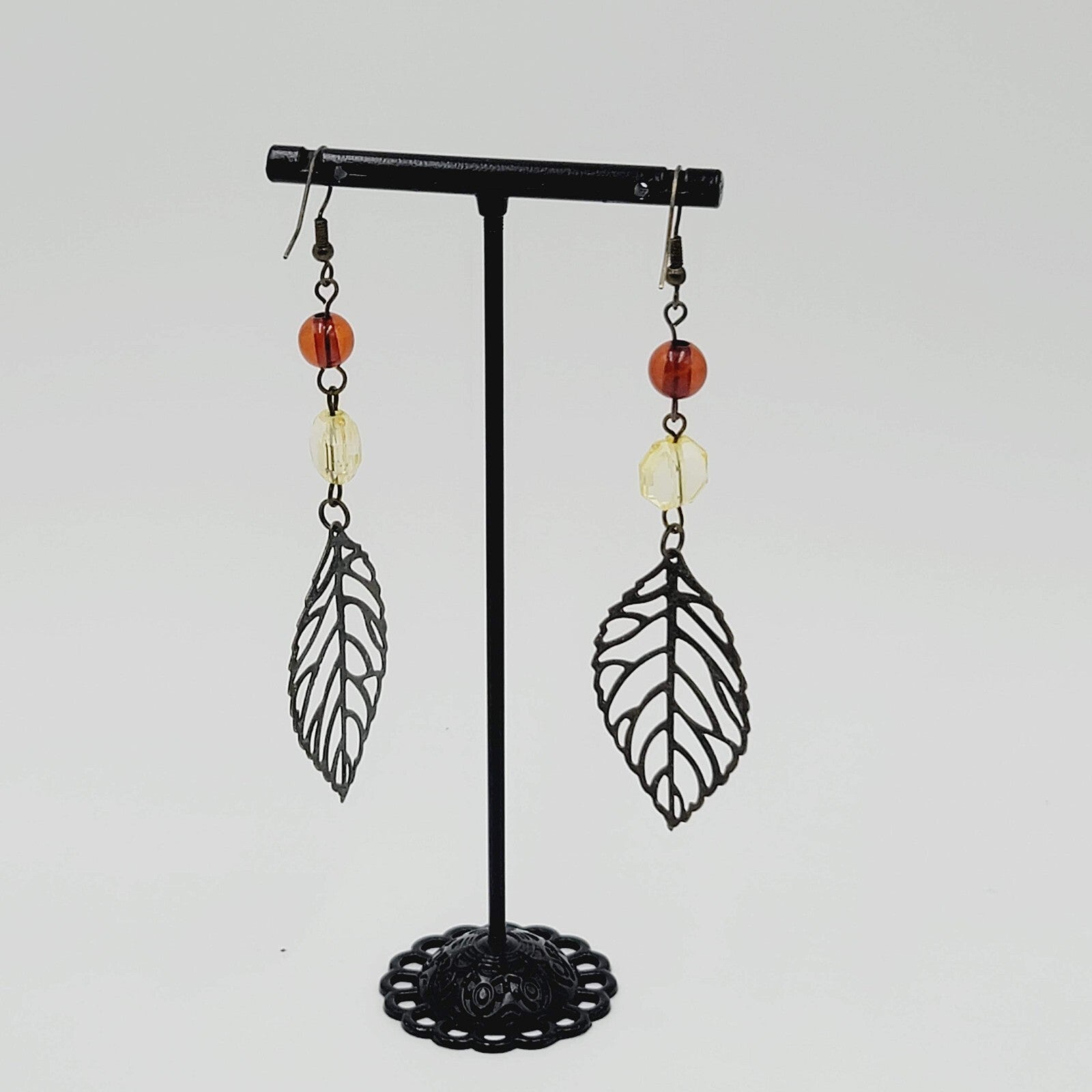 Long Pierced Earrings Beaded Open Work Leaf 3"