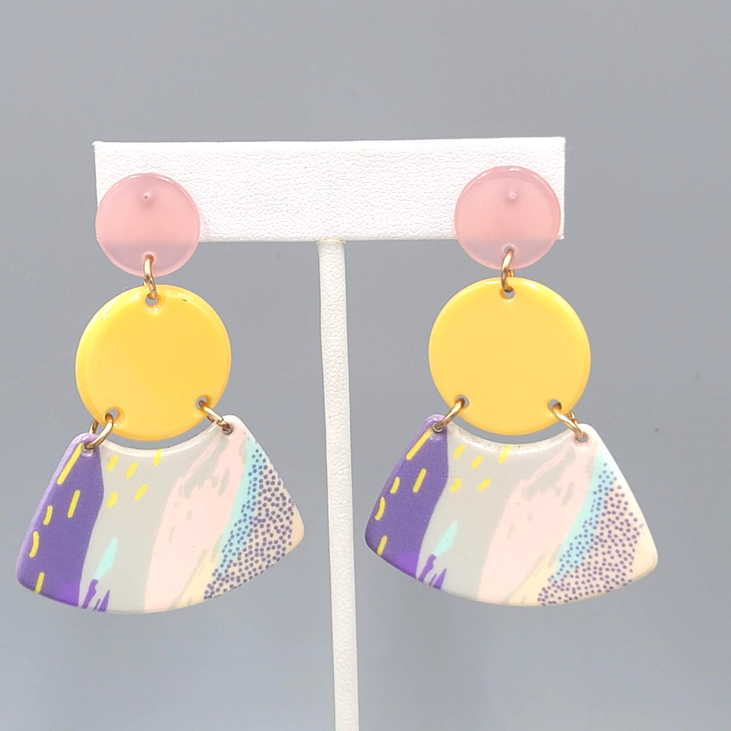 Yellow Pink Pastel Statement Pierced Earrings Large Acrylic Dangle Retro 2.5 in