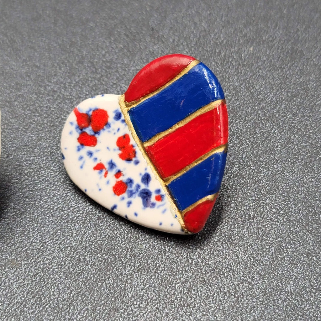 Vtg Heart Pierced Earrings Ceramic Hand Painted Patriotic Red White Blue 1.25"
