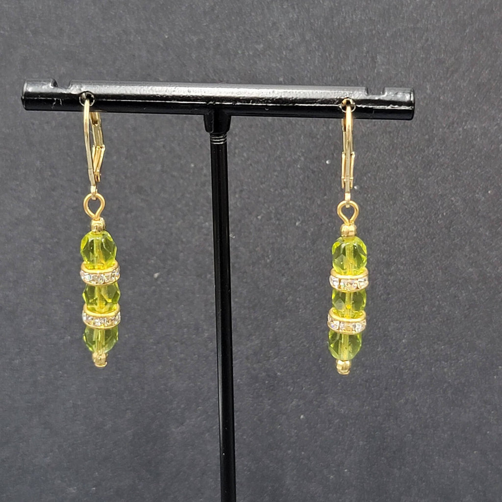 Pierced Earrings Green Faceted Bead Rhinestone Spacers Dangle 1.25"