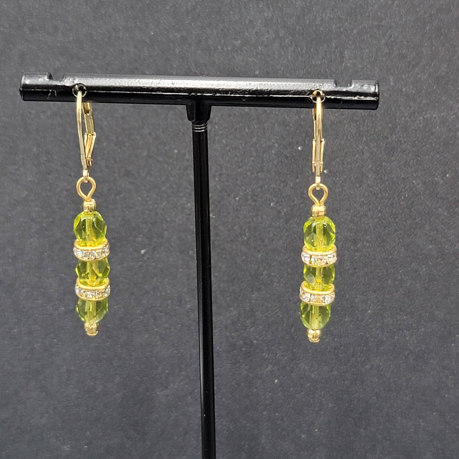 Pierced Earrings Green Faceted Bead Rhinestone Spacers Dangle 1.25"