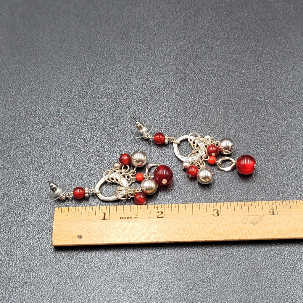 Pierced Earrings Silver tone Moonglow Red Beads Dangle 2.5"