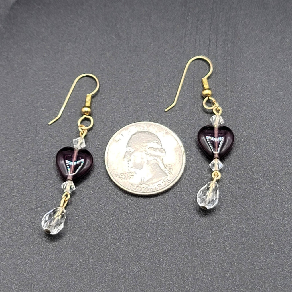 Pierced Earrings Gold tone Purple Glass Heart Bead Clear Crystals 1.5"
