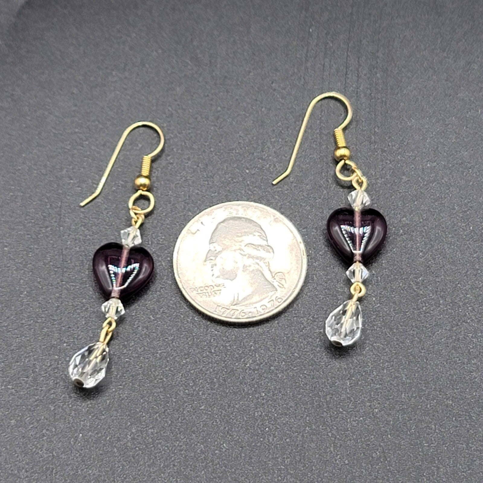 Pierced Earrings Gold tone Purple Glass Heart Bead Clear Crystals 1.5"