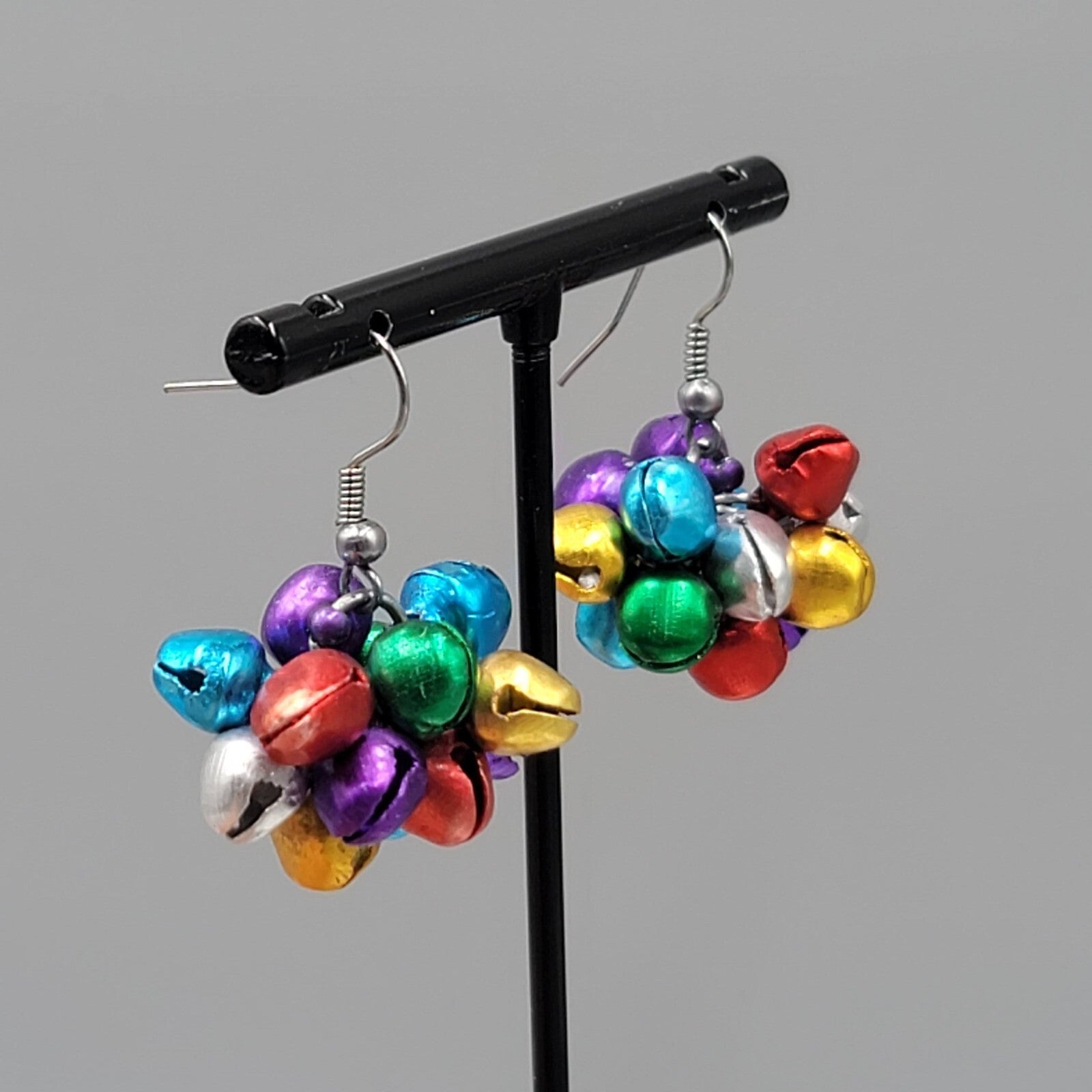Jingle Bells Pierced Earrings Multi Color Dangle 7/8"