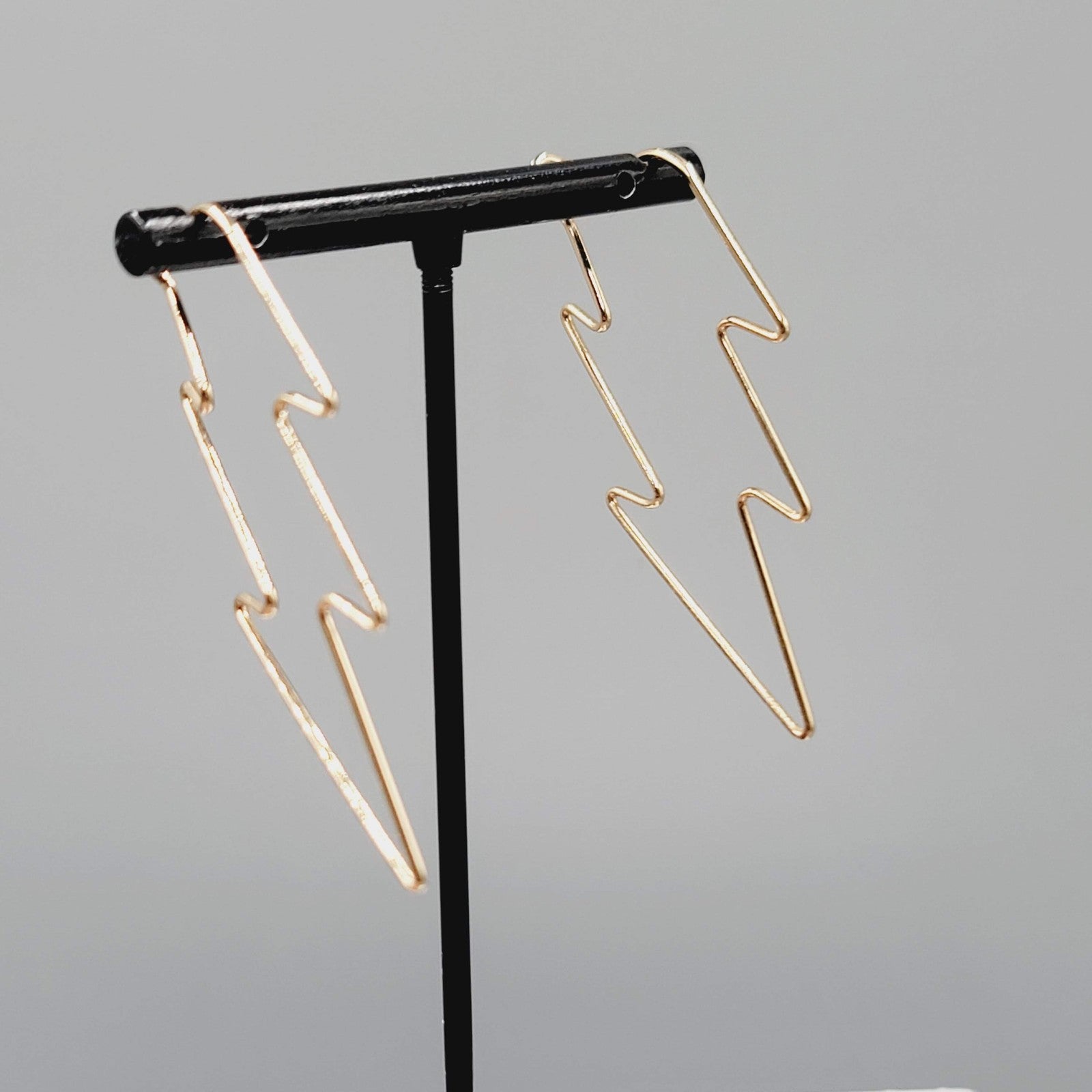 Lightning Bolt Pierced Earrings Wire Gold tone Drop Statement 2"