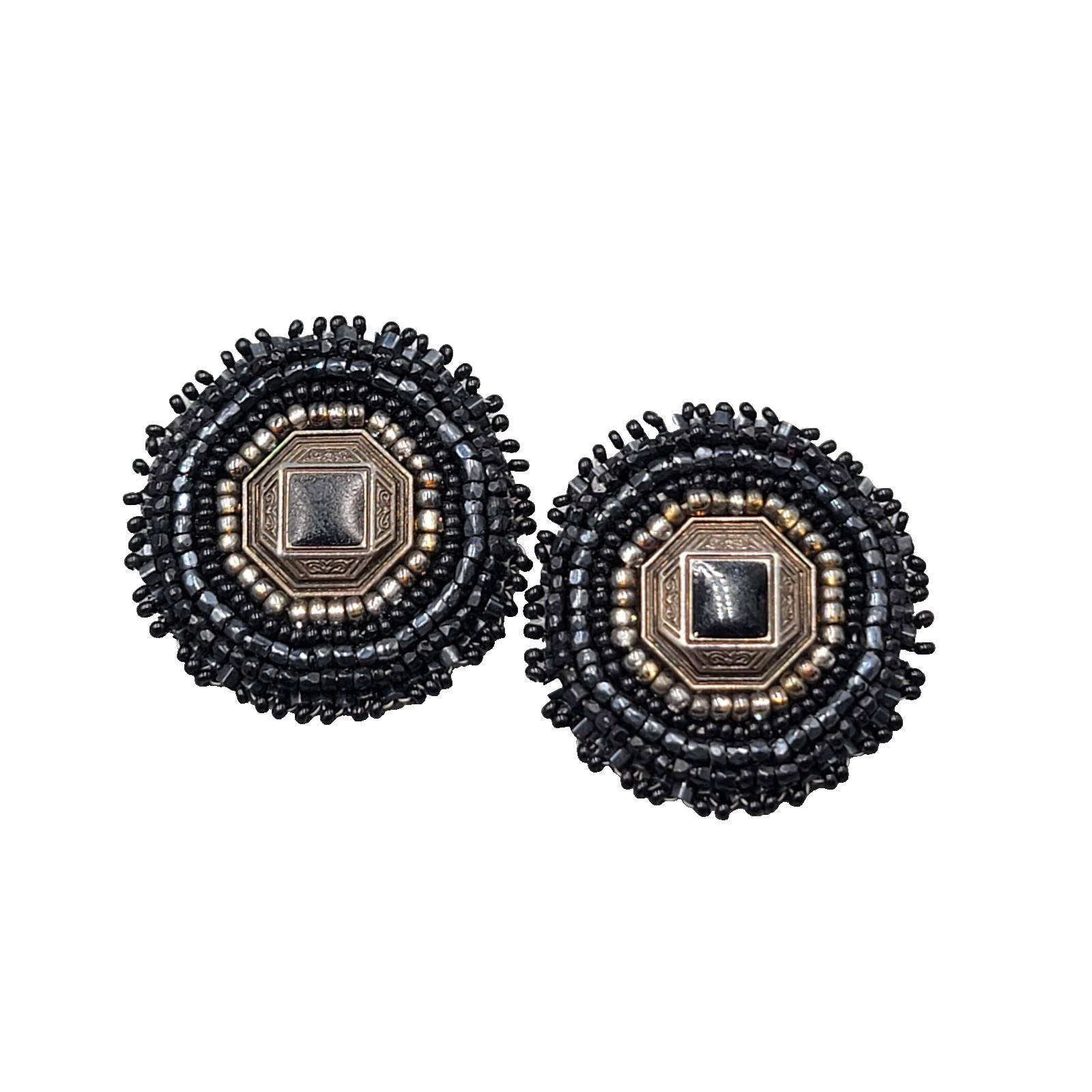 Vintage Black Seed Bead Round Pierced Earrings Statement 1.5 in