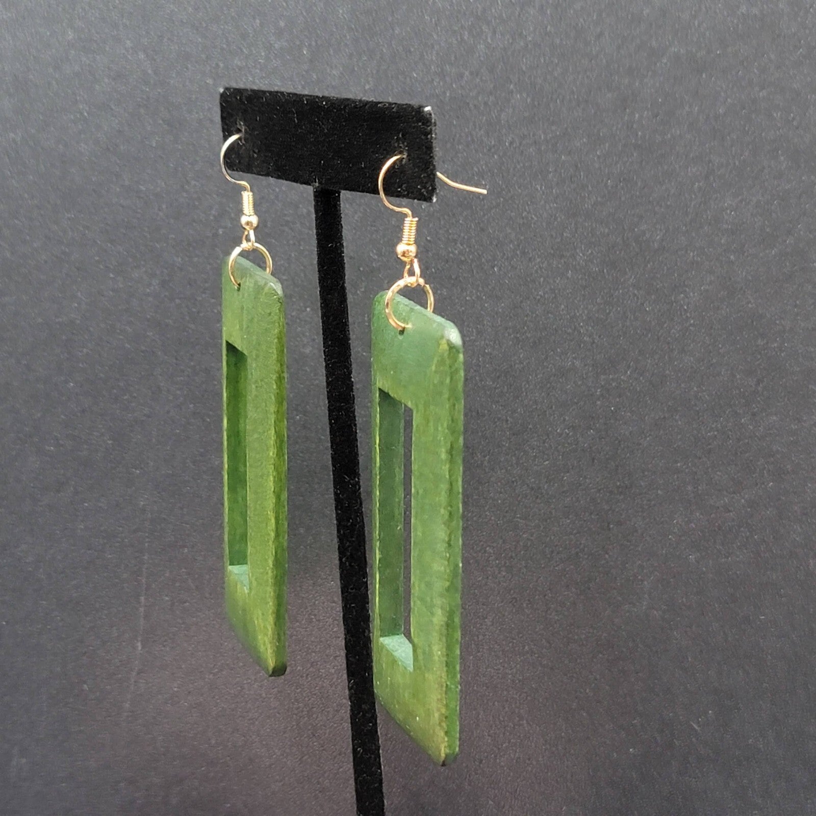 Pierced Earrings Large Green Wood Rectangle Statement Dangle 2.75"