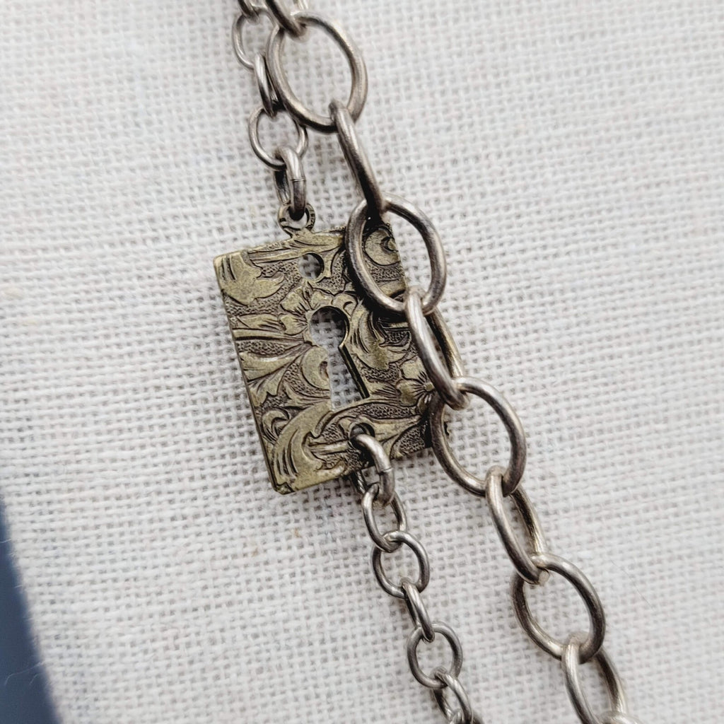 Skeleton Key Heart Charm Necklace Silver tone Statement 22"