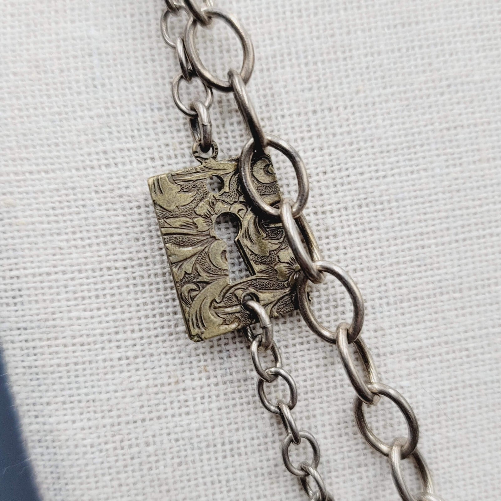 Skeleton Key Heart Charm Necklace Silver tone Statement 22"