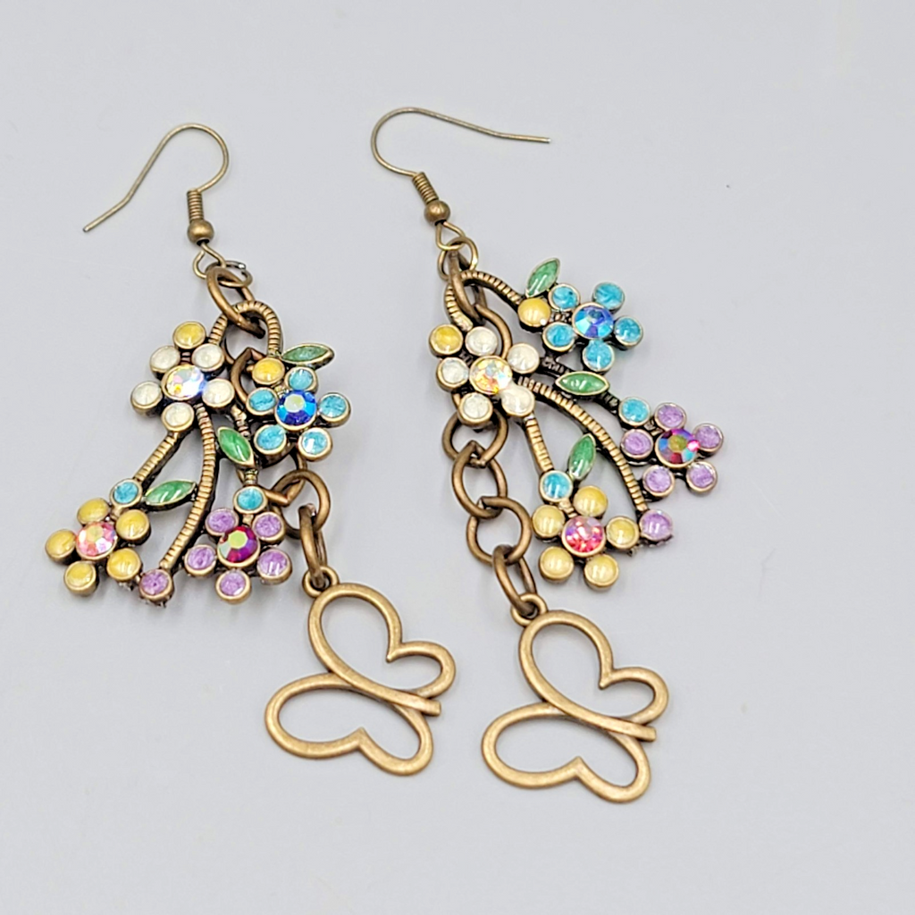 Multicolor Rhinestone Butterfly Pierced Earrings Bronze toen Dangle 2.5 in