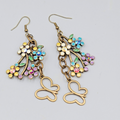 Multicolor Rhinestone Butterfly Pierced Earrings Bronze toen Dangle 2.5 in
