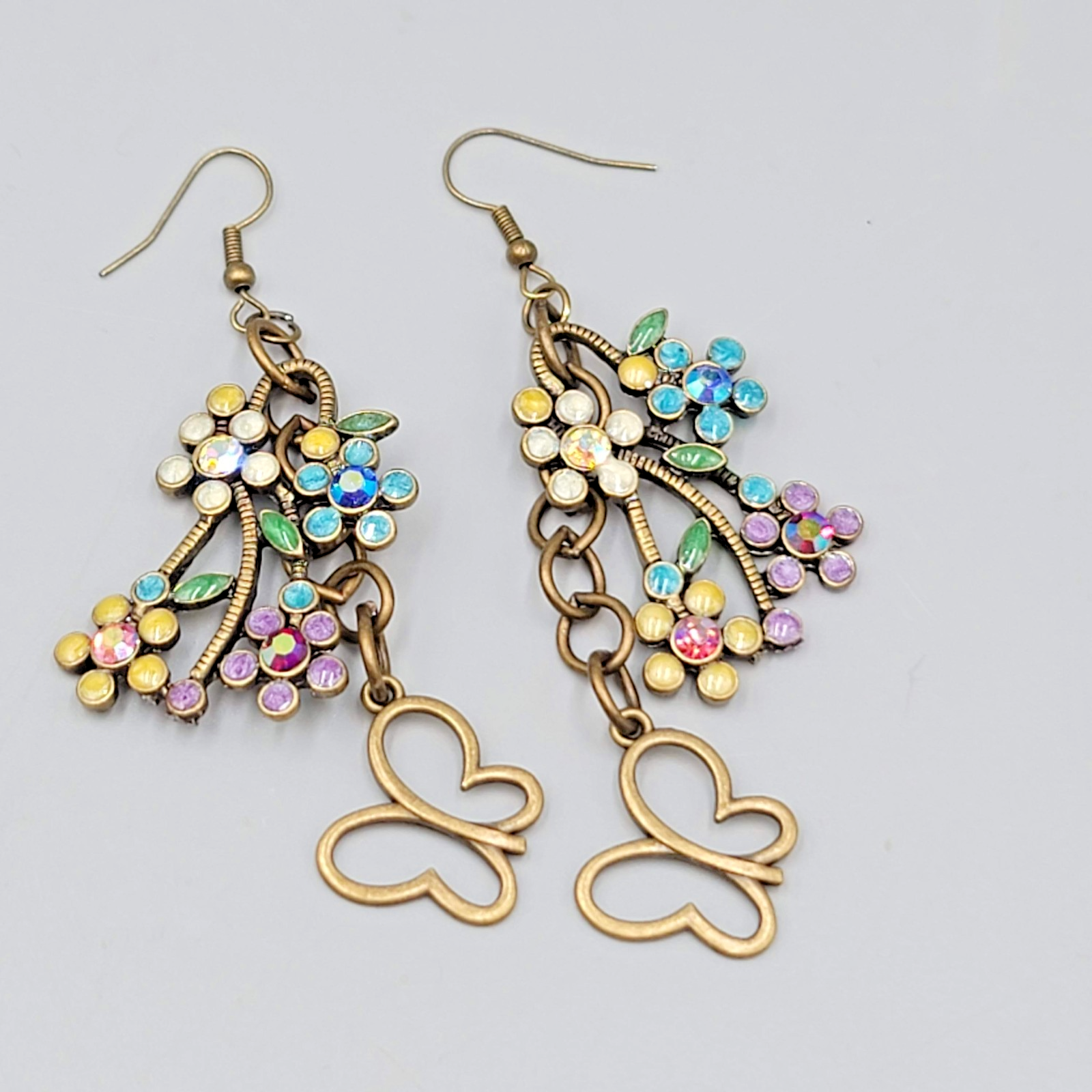 Multicolor Rhinestone Butterfly Pierced Earrings Bronze toen Dangle 2.5 in