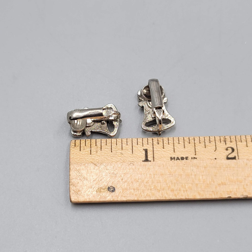 Vintage Rhinestone Christmas Bell Studs Clip on Earrings Silver tone 5/8"