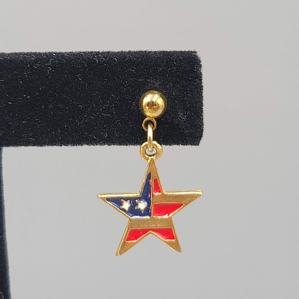 Vintage Patriotic USA Flag Star Pierced Earrings Gold tone Dangle  3/4"