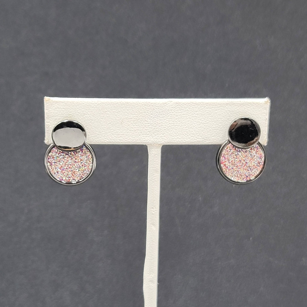 Pierced Earrings Black Metal Pink Glitter Drop Circles 3/4"