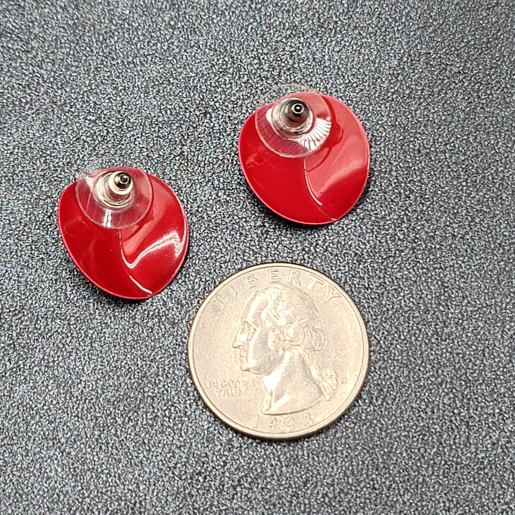 Vintage Pierced Earrings Red Enamel Crimped Round Studs 3/4"
