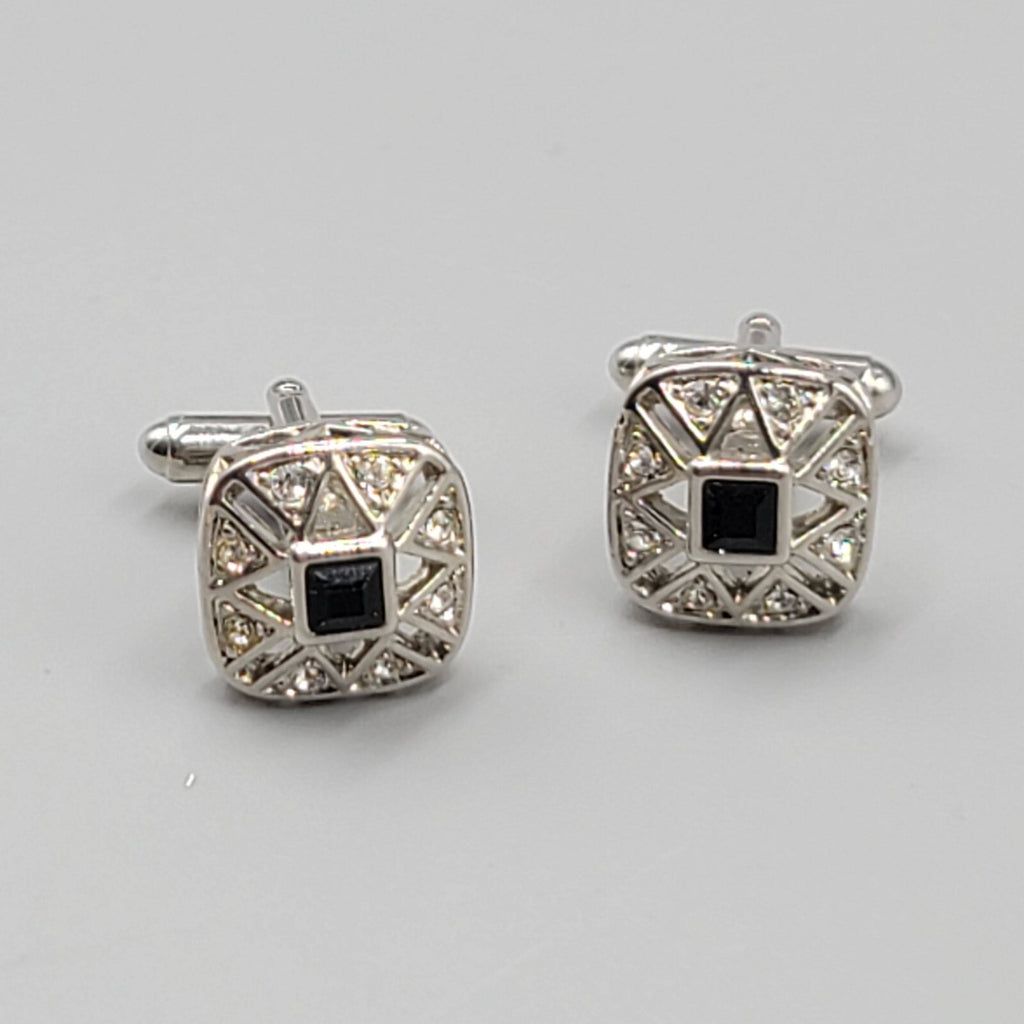 Rhinestone Silver Tone Cufflinks Square Black Center 3/4"