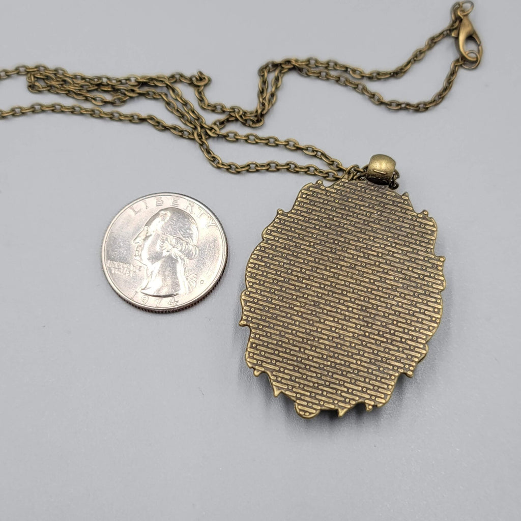 Artisan Glass Lion Glass Cabochon Pendant Necklace Bronze tone Chain 18"