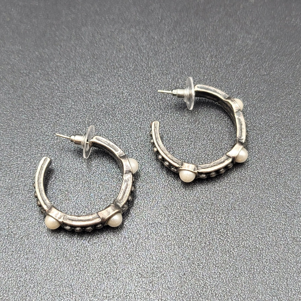 Pierced Earrings Silver tone Faux Pearl Hoops  1.25"