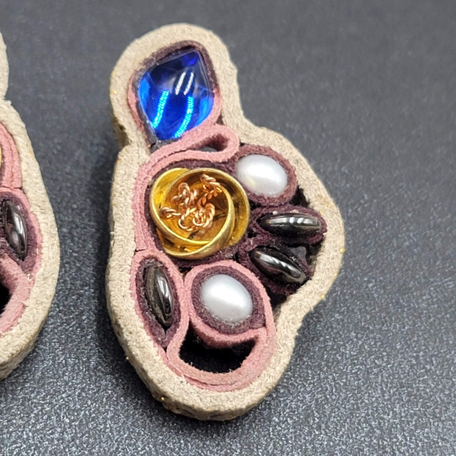 Artisan Pierced Earrings Leather Beaded Gold tone Rose Unusual Fun Drop 1.5"