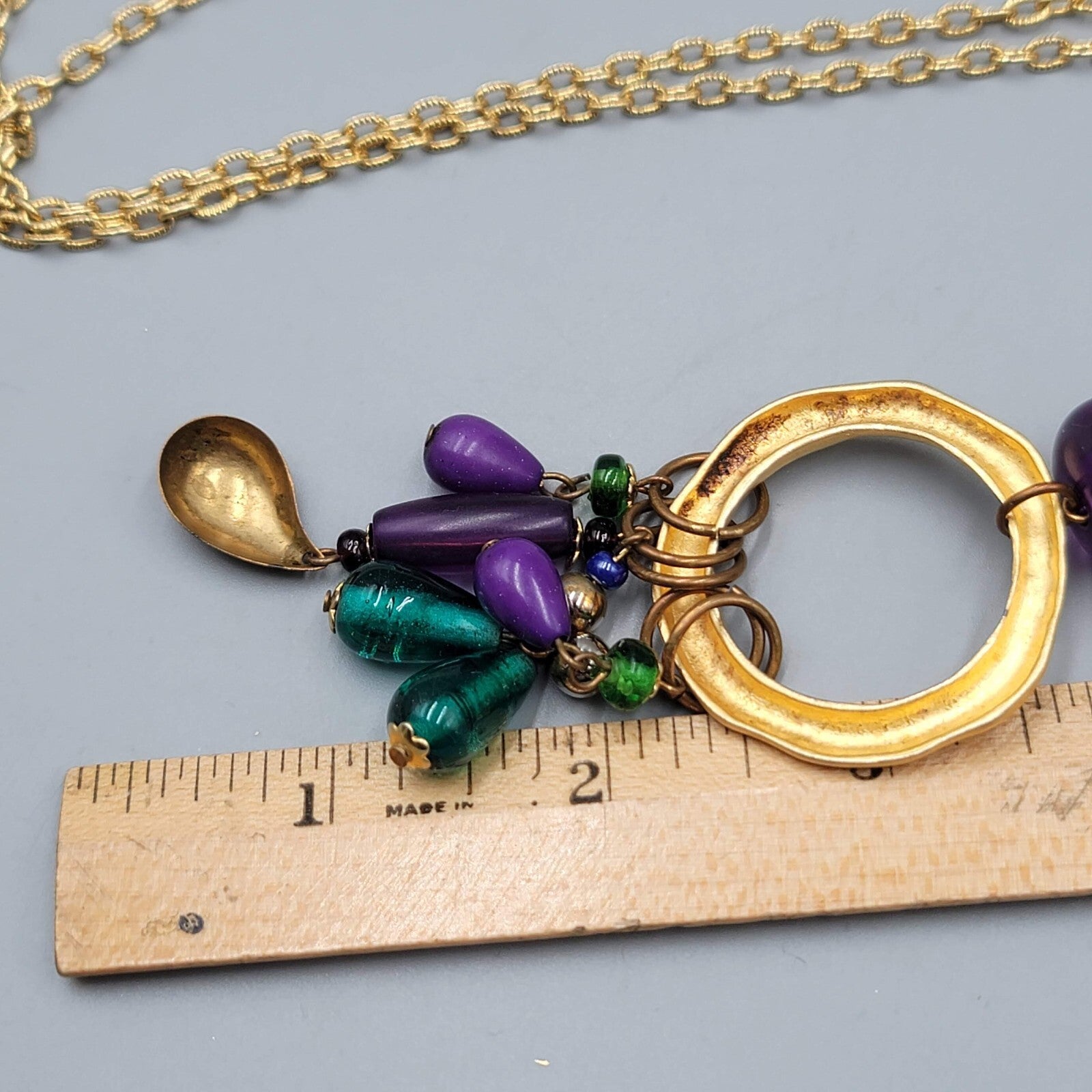 Casual Corner Long Pendant Necklace Gold tone Purple Glass Beads 36"