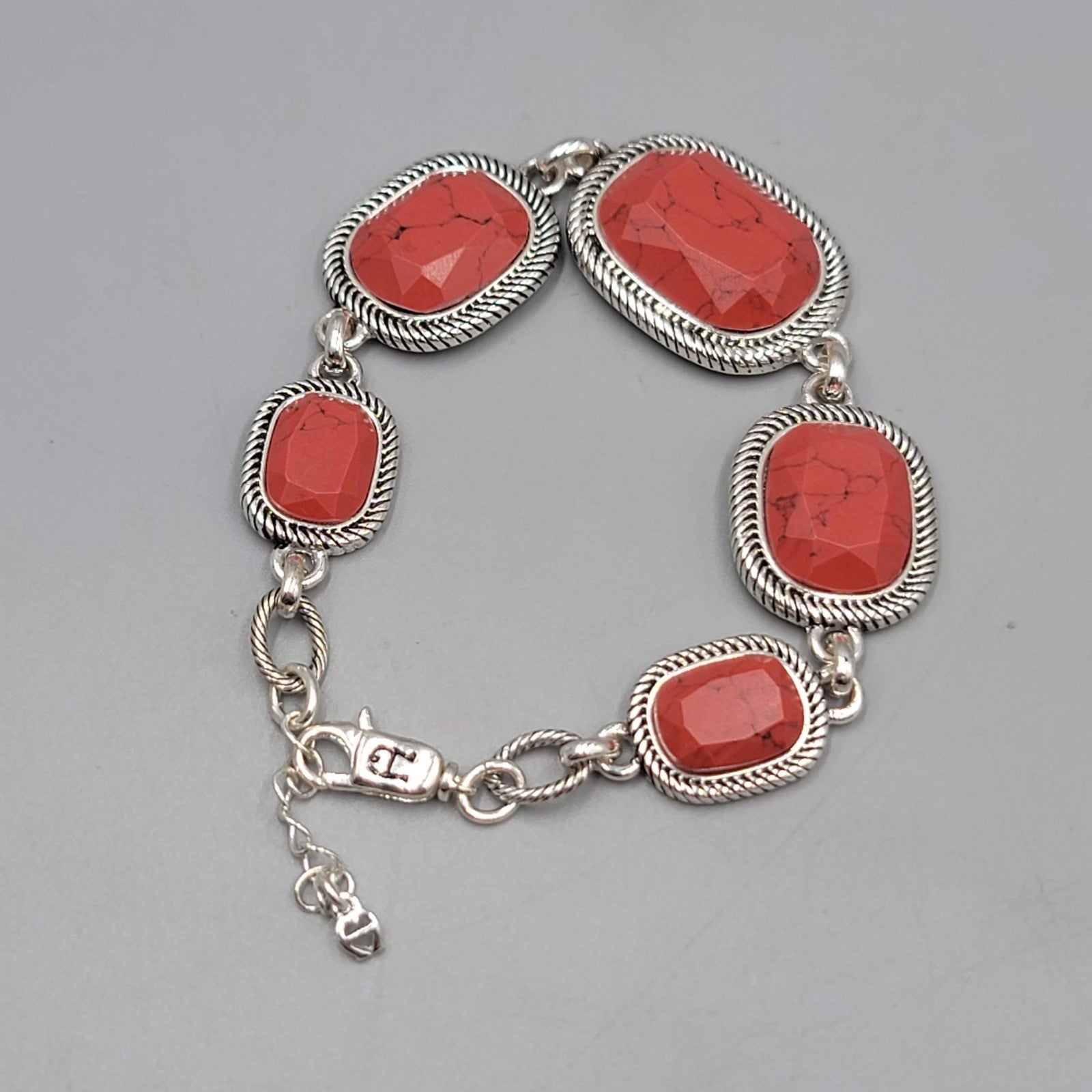 Etienne Aigner Bracelet Red Howlite Silver tone Adj 7.5"