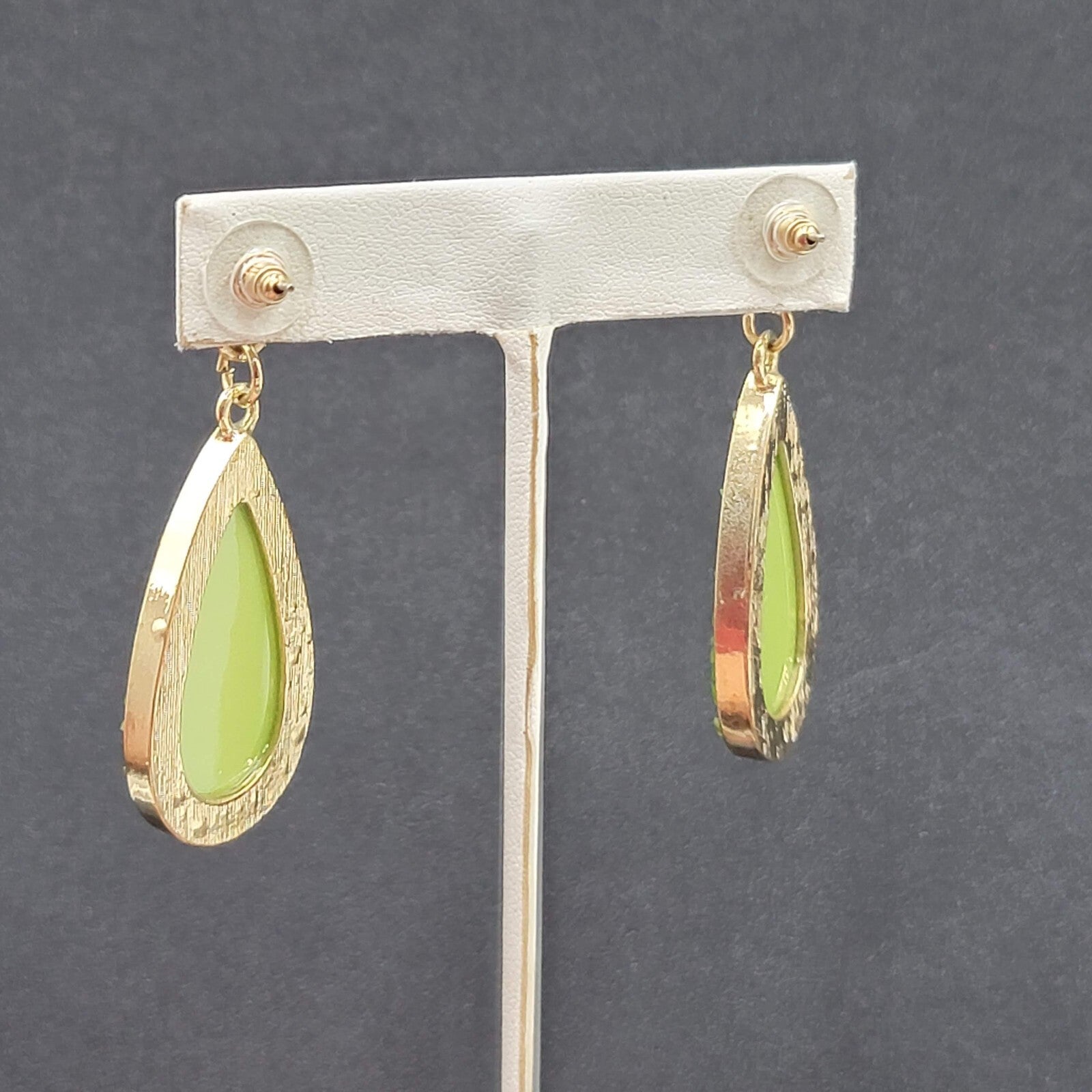 Pierced Earrings Gold tone Green Druzy Style Statement Dangle 2.25"
