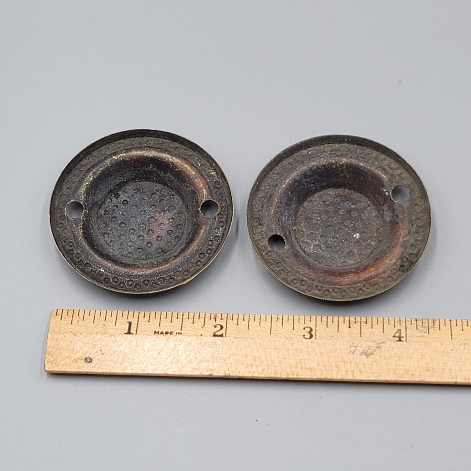 Vintage Brass Drawer Pull Backplate PAIR Round Embossed Bronze tone 2 in Salvage
