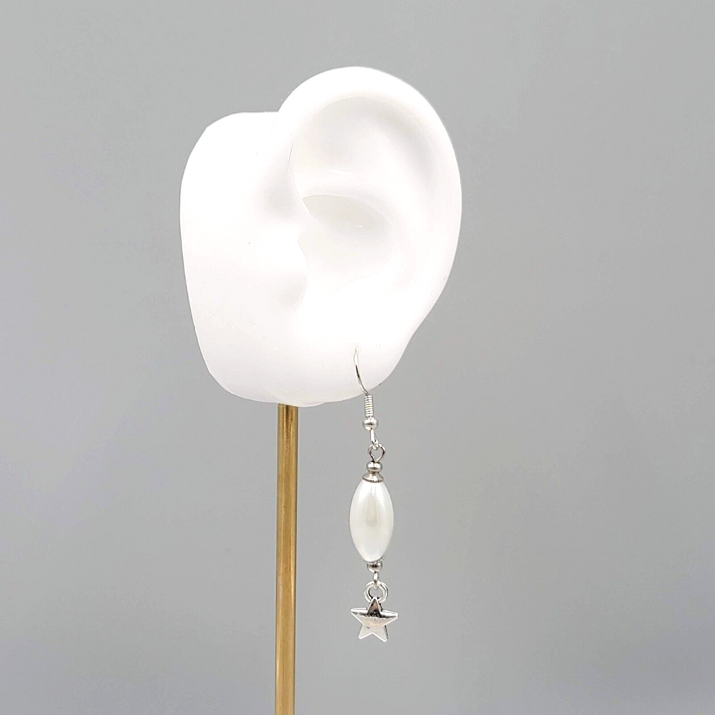 White Satin Finish Bead Star Pierced Earrings Silver tone Dangle 1.5"