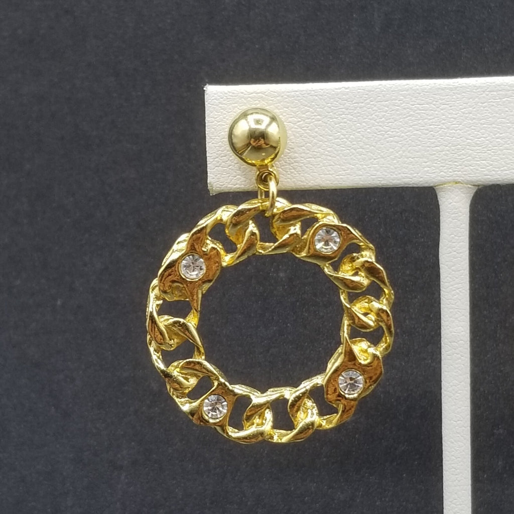 Pierced Earrings Gold tone Crystal Chain Link Open Ring Statement Dangle 1 3/4"