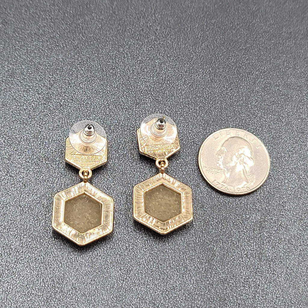 Sugar Fix Pierced Earrings Acrylic Pink Druzy Hexagon Dangle Gold tone 1.5"