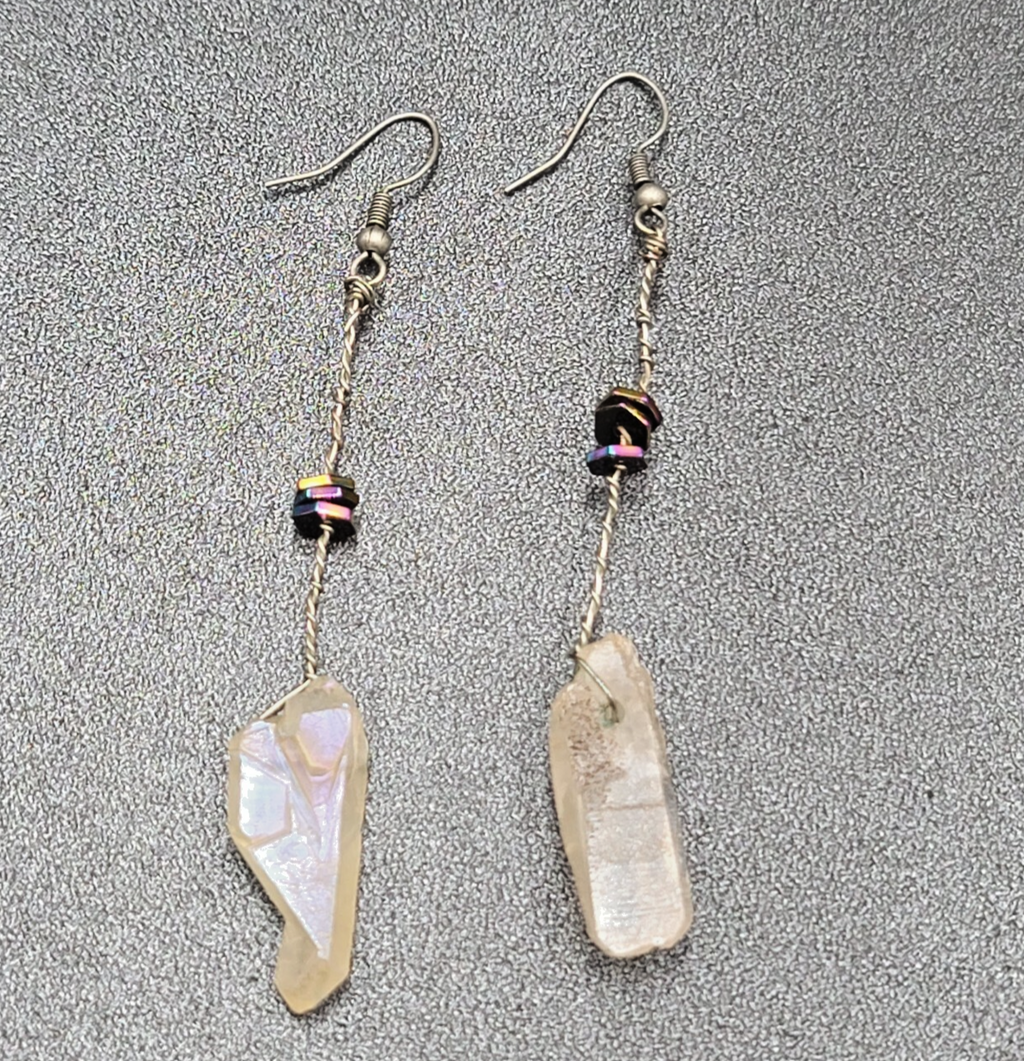 Artisan Crystal Pierced Earrings Boho Witchy Natural Dangle 2.75"