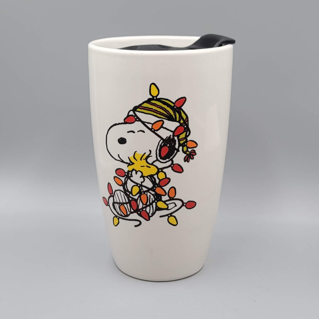 Snoopy and Woodstock Ceramic Travel Mug Christmas Lights Closable Lid 16 oz cap