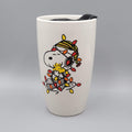 Snoopy and Woodstock Ceramic Travel Mug Christmas Lights Closable Lid 16 oz cap