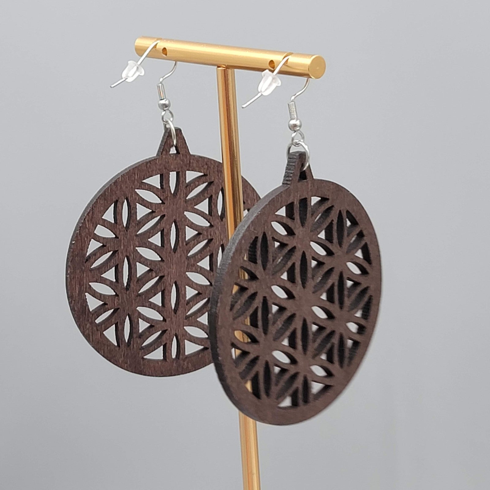 Wood Cut Large Boho Pierced Earrings Silver tone Dangle 2.25 in