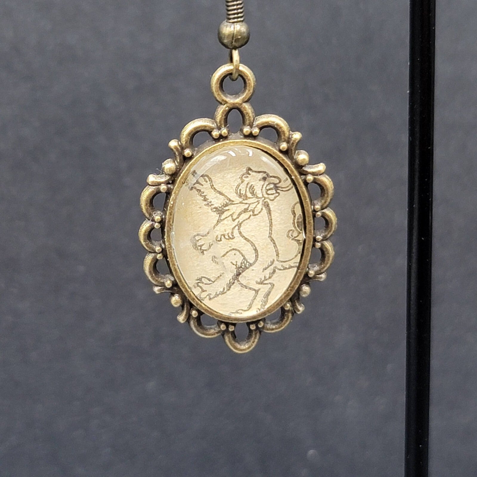 Lions Pierced Earrings Bronze tone Glass Cabochon Dangle 1.25"